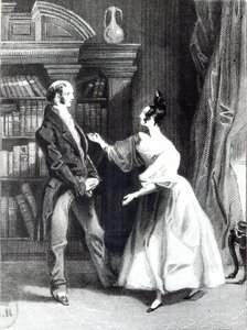 Sitten hän kertoi hänelle, mitä herra Darcy oli vapaaehtoisesti tehnyt Lydian hyväksi. Hän kuuli hänet hämmästyneenä", kuvitus Jane Austenin (1775-1817) teoksesta "Ylpeys ja ennakkoluulo" William Greatbachin (s.18) kaiverruksesta.